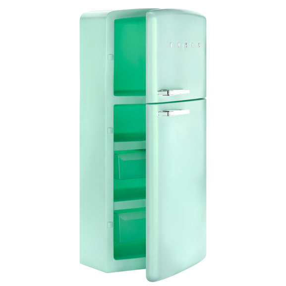 A retro-style two-door refrigerator in mint green, shown with the top freezer door open to reveal two interior storage compartments. The SMEG brand name is visible in silver lettering on the upper right of the door.