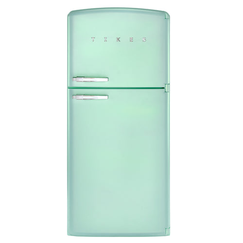A retro-style two-door refrigerator in a pastel mint green color, featuring chrome handles and the 'SMOKS' brand name on the upper door, set against a plain white background.