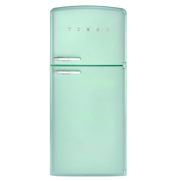 A retro-style two-door refrigerator in a pastel mint green color, featuring chrome handles and the 'SMOKS' brand name on the upper door, set against a plain white background.