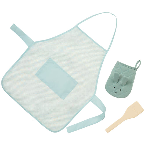 A three-piece baby kitchen play set featuring a large light blue mesh apron with a front pocket, a matching quilted bunny oven mitt, and a wooden spoon, all on a solid white background.