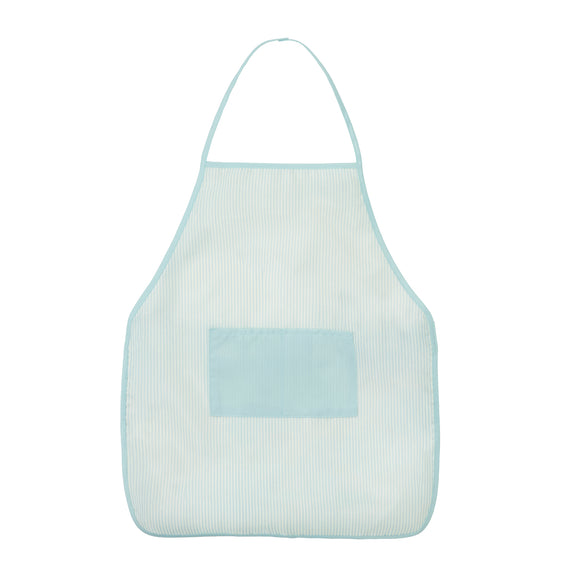 A light blue and white vertically striped baby bib apron with a neck strap and a front pocket, shown on a plain white background.