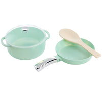 Load image into Gallery viewer, A three-piece children's play kitchen set featuring a mint green pot with a lid, a matching shallow pan with a wooden spoon, and a silver-colored metal handle, all on a solid white background.
