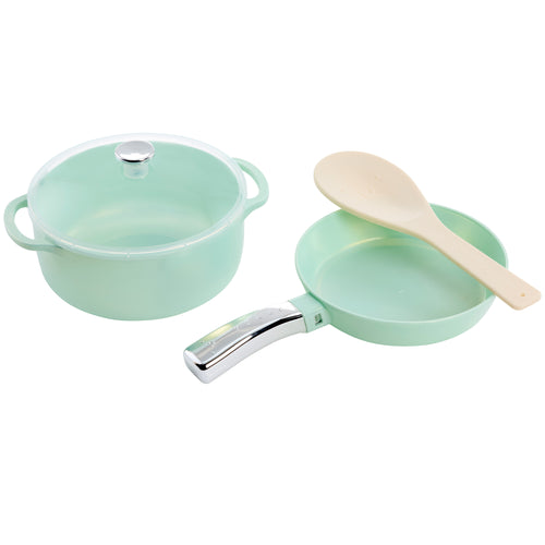 A three-piece children's play kitchen set featuring a mint green pot with a lid, a matching shallow pan with a wooden spoon, and a silver-colored metal handle, all on a solid white background.