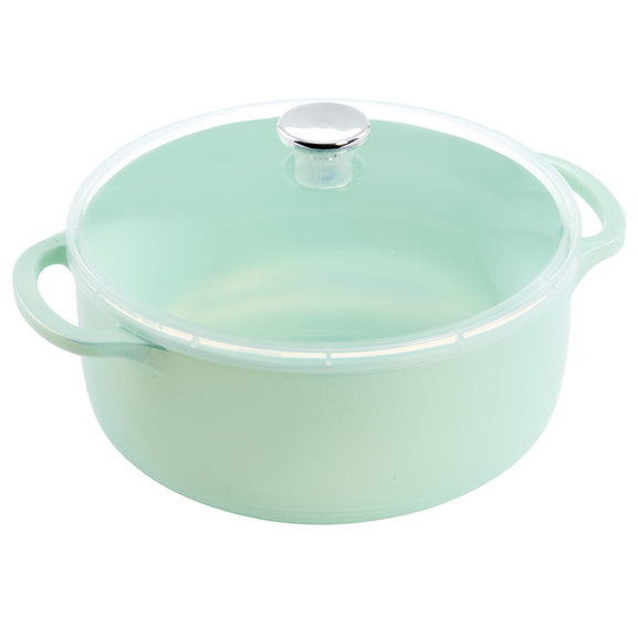 A light mint green saucepan with a matching lid and side handles, featuring a silver metal knob on the lid, set against a plain white background.