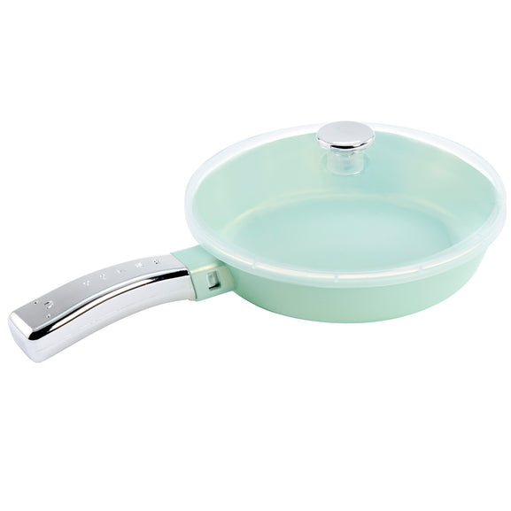 A mint green non-stick frying pan with a matching lid and a silver metallic handle, shown against a plain white background.