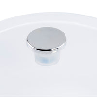Load image into Gallery viewer, A close-up of a round, polished chrome pot stopper on a white background.

