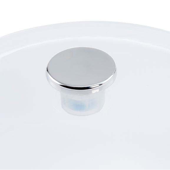 A close-up of a round, polished chrome pot stopper on a white background.