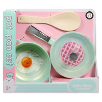 Load image into Gallery viewer, Little Tikes Sweet Spaces pot pan set in its original retail packaging, featuring a mint green frying pan with a waffle-shaped lid, a mint green frying pan with a fried egg toy, and a beige spatula on a pink background.
