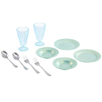 Load image into Gallery viewer, A 6-piece tableware set featuring four light mint green plates, two matching light blue drinking glasses, and four silver stainless steel cutlery pieces (two spoons and two forks) on a solid white background.
