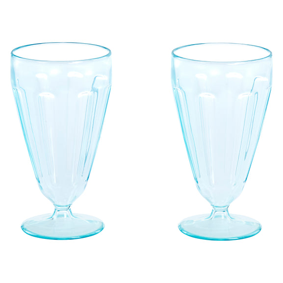 Two light blue transparent plastic glasses with a flared base and vertical ribbed texture, shown on a plain white background.