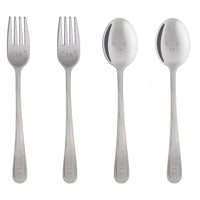 Load image into Gallery viewer, Four stainless steel cutlery pieces with engraved handles and smiling face details on the heads, arranged vertically on a plain white background.
