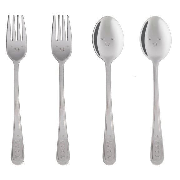 Four stainless steel cutlery pieces with engraved handles and smiling face details on the heads, arranged vertically on a plain white background.