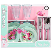 Load image into Gallery viewer, A children's dinnerware set in a pink and mint green box labeled 'dishware' and 'little likes sweet spots'. The set includes two clear ribbed drinking glasses, two mint green plates, a silver fork, spoon, and knife, and decorative fruit-and-dessert illustrations printed on the packaging.
