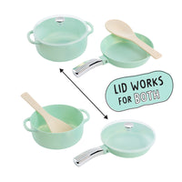 Load image into Gallery viewer, A set of mint green children's cookware pieces on a white background, including a pot with lid, frying pan with lid, saucepan with lid, wooden spoons, and a text bubble that says 'LID WORKS FOR BOTH'.
