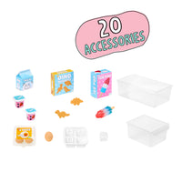 Load image into Gallery viewer, A set of miniature toy food and storage accessories displayed on a white background, featuring 20 pieces including clear plastic bins, toy milk cartons, ice pop boxes, eggs, and small food items. A pink graphic label at the top reads '20 ACCESSORIES'.

