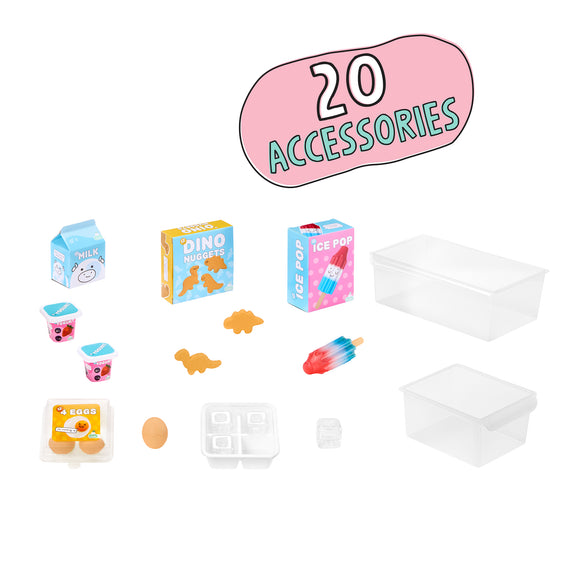 A set of miniature toy food and storage accessories displayed on a white background, featuring 20 pieces including clear plastic bins, toy milk cartons, ice pop boxes, eggs, and small food items. A pink graphic label at the top reads '20 ACCESSORIES'.